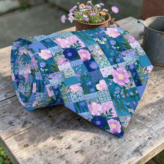 Kleurrijke Blauwe Patchwork Patroon Op Maat Gemaak Stropdas