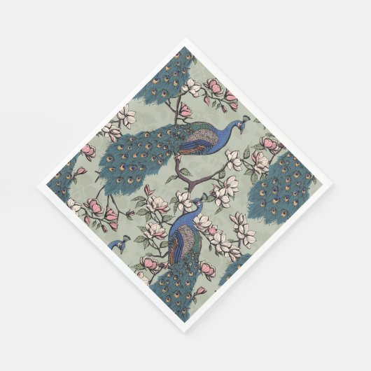 Kleurrijke Blauwe Pauw en Magnolia Sage Green Servet (Hoek)