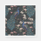 Kleurrijke Blauwe Pauw en Magnolia Zwart Servet (Voorkant)