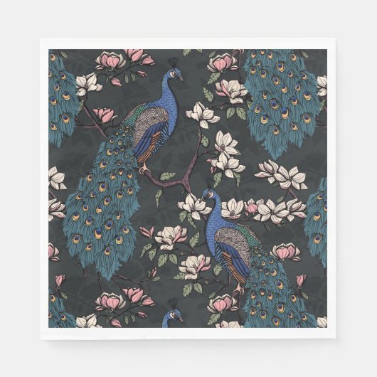 Kleurrijke Blauwe Pauw en Magnolia Zwart Servet (Voorkant)