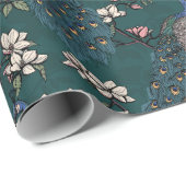 Kleurrijke Blauwe Pauw & Magnolia Green Wildlife Cadeaupapier (Rol Hoek)