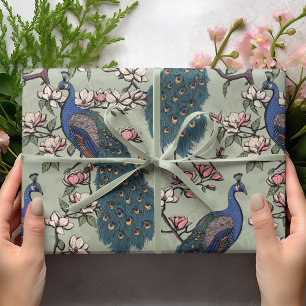 Kleurrijke Blauwe Pauw & Magnolia Green Wildlife Cadeaupapier