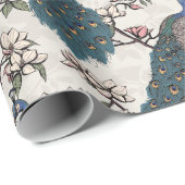 Kleurrijke Blauwe Pauw & Magnolia Ivoor Wildlife Cadeaupapier (Rol Hoek)
