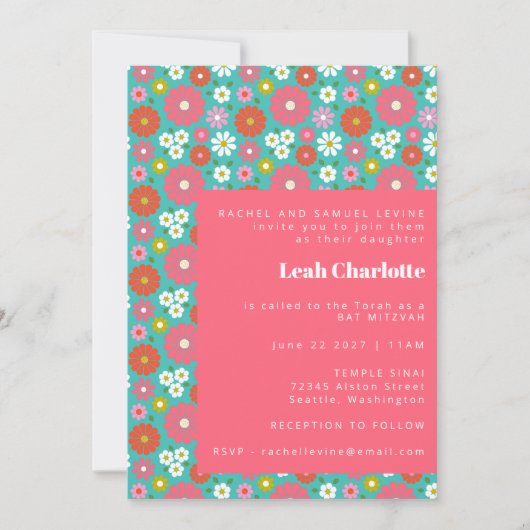 Kleurrijke Blauwe Retro Bloemen Speelse Bat Mitswa Kaart (Voorkant)