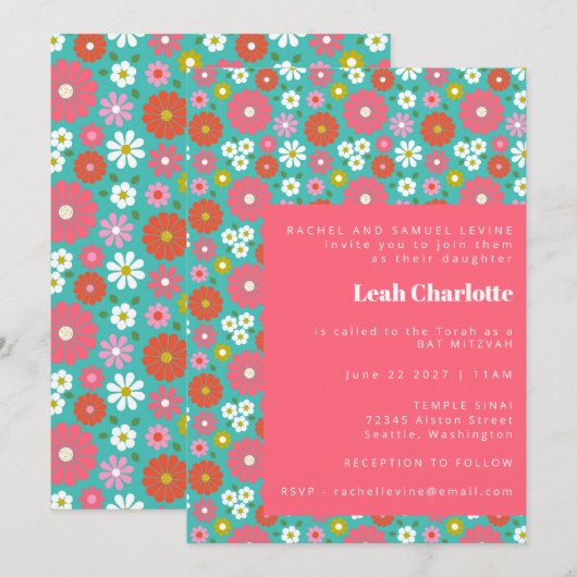 Kleurrijke Blauwe Retro Bloemen Speelse Bat Mitswa Kaart (Voorkant / Achterkant)