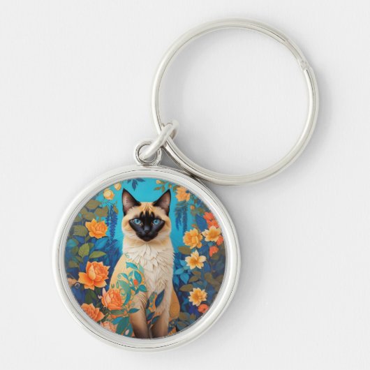 Kleurrijke Blauwe Siamese Kat Bloemen Sleutelhanger (Voorkant)