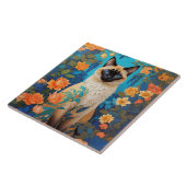 Kleurrijke Blauwe Siamese Kat Bloemen Tegeltje (Zijkant)