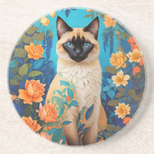 Kleurrijke Blauwe Siamese Kat Bloemen Zandsteen Onderzetter