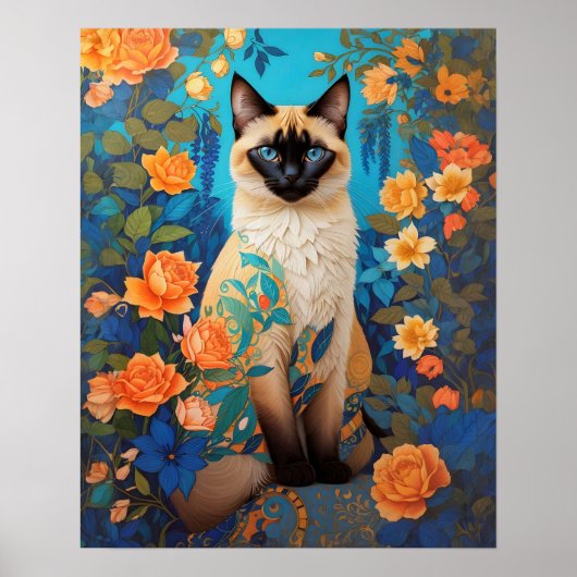 Kleurrijke Blauwe Siamese Kat Botanische Tuin Poster (Voorkant)