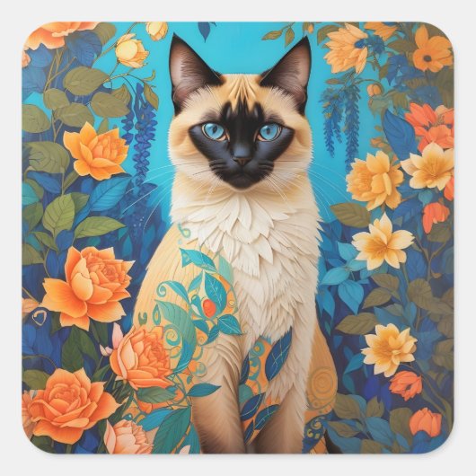 Kleurrijke Blauwe Siamese Kat Botanische Tuin Vierkante Sticker (Voorkant)