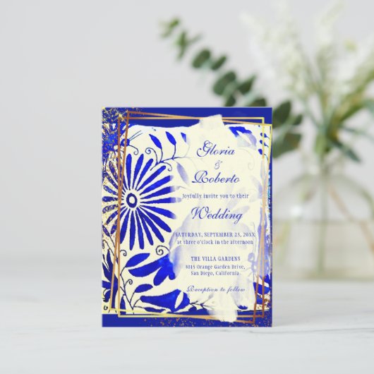 Kleurrijke Blauwe Talavera Mexicaanse bruiloft Kaart (Staand voorkant)