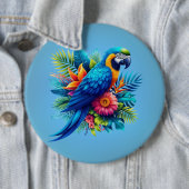 Kleurrijke, blauwe tropische ara ronde button 6,0 cm (In situ)