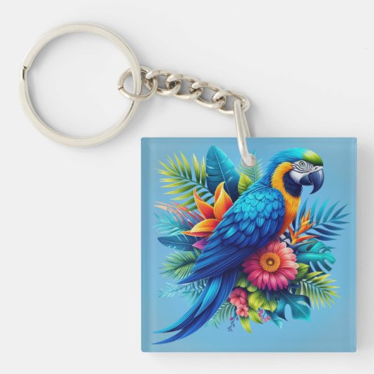 Kleurrijke, blauwe tropische ara sleutelhanger (voorkant)