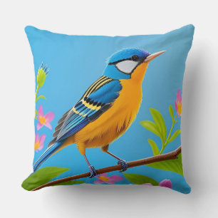 💙 Kleurrijke Blauwe Vogel Bloemenkunst Cadeau Voo Kussen