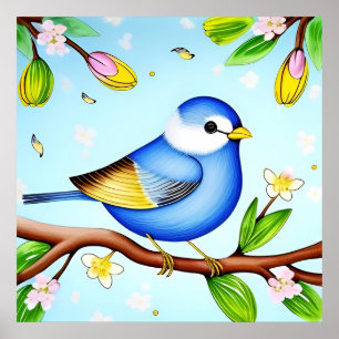 Kleurrijke Blauwe Vogel op een Bloeiende Tak Poster