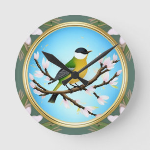 Kleurrijke Blauwe Vogel op een Bloeiende Tak Ronde Klok