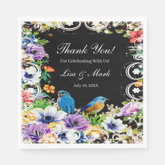 Kleurrijke blauwe vogels en botanisch bloempapier servet (Voorkant)