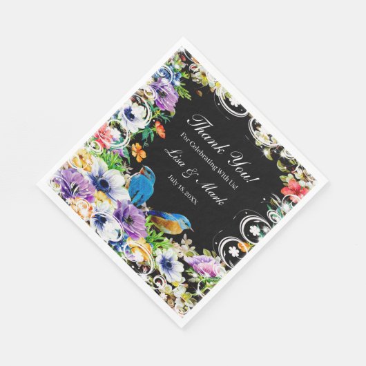 Kleurrijke blauwe vogels en botanisch bloempapier servet (Hoek)