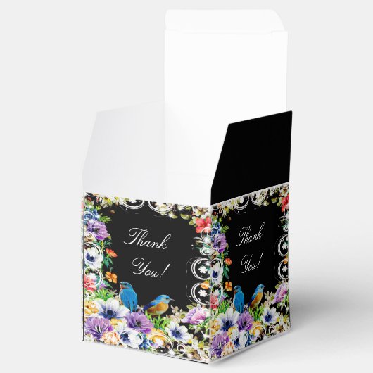 Kleurrijke blauwe vogels en botanische bloemen bedankdoosjes (Geopend)