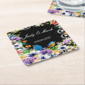 Kleurrijke blauwe vogels en botanische bloemen kartonnen onderzetters (Schuin)