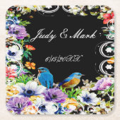 Kleurrijke blauwe vogels en botanische bloemen kartonnen onderzetters (Voorkant)