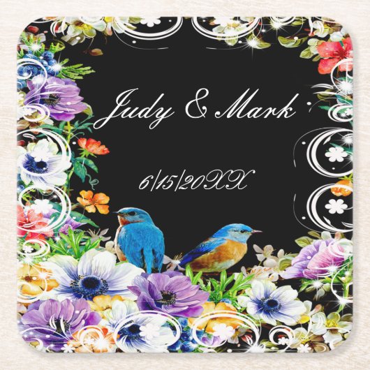 Kleurrijke blauwe vogels en botanische bloemen kartonnen onderzetters (Voorkant)