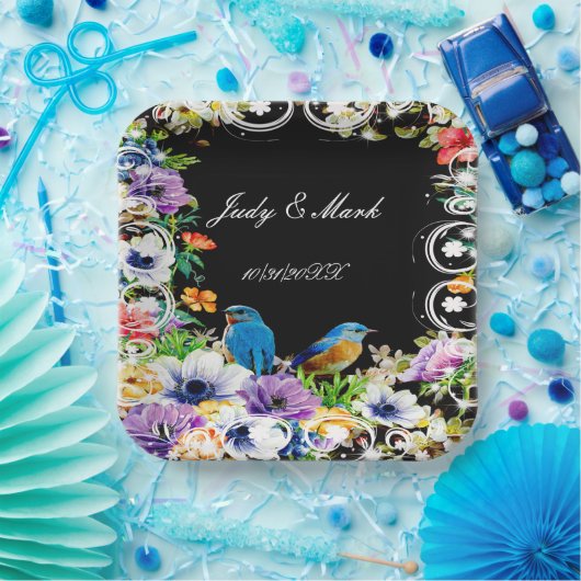 Kleurrijke blauwe vogels en botanische bloemen papieren bordje (Feest)