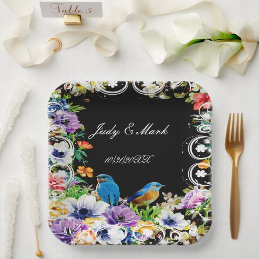 Kleurrijke blauwe vogels en botanische bloemen papieren bordje (Huwelijk)