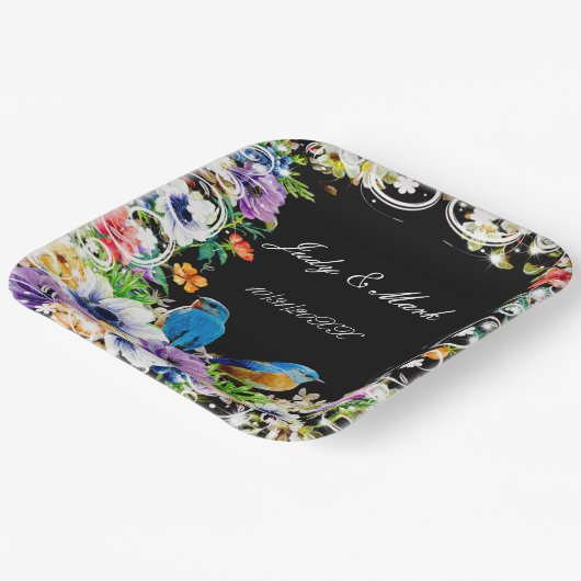 Kleurrijke blauwe vogels en botanische bloemen papieren bordje (Gebogen)