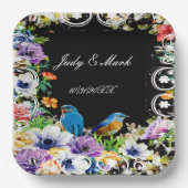 Kleurrijke blauwe vogels en botanische bloemen papieren bordje (Voorkant)