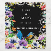 Kleurrijke blauwe vogels en botanische bloemen wijn etiket (Enkel label)