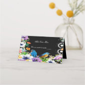 Kleurrijke blauwe vogels en botanische bloemetafel plaatskaartje (Voorkant)