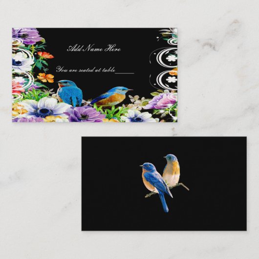 Kleurrijke blauwe vogels en botanische bloemetafel plaatskaartje (Voorkant / Achterkant)