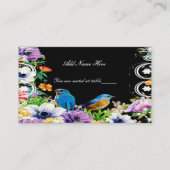 Kleurrijke blauwe vogels en botanische bloemetafel plaatskaartje (Voorkant)