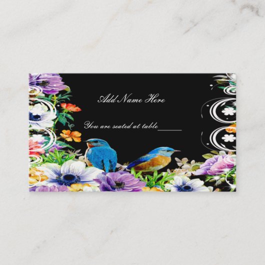 Kleurrijke blauwe vogels en botanische bloemetafel plaatskaartje (Voorkant)