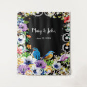 Kleurrijke blauwe vogels en botanische foto achter wandkleed (Voorkant)