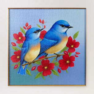 Kleurrijke Blauwe Vogels Geperst Tussen Rode Bloem Legpuzzel