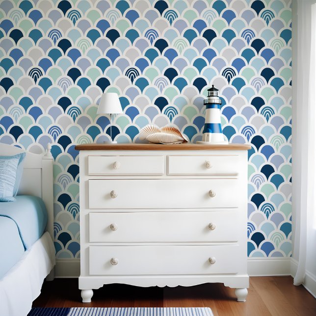 Kleurrijke Blauwe Zeemeermin Vis Schaal Regenboog  Behang (Colorful Blue Mermaid Fish Scale Rainbow Pattern Wallpaper)