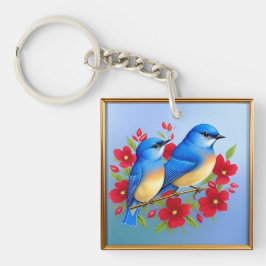 Kleurrijke Blauwvogels Gelegen Tussen Rode Bloemen Sleutelhanger