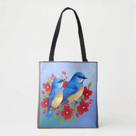 Kleurrijke Blauwvogels Gelegen Tussen Rode Bloemen Tote Bag