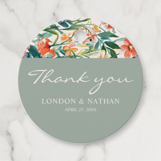 Kleurrijke bloeiende bloemenbruiloft bedankjes labels (Voorkant)