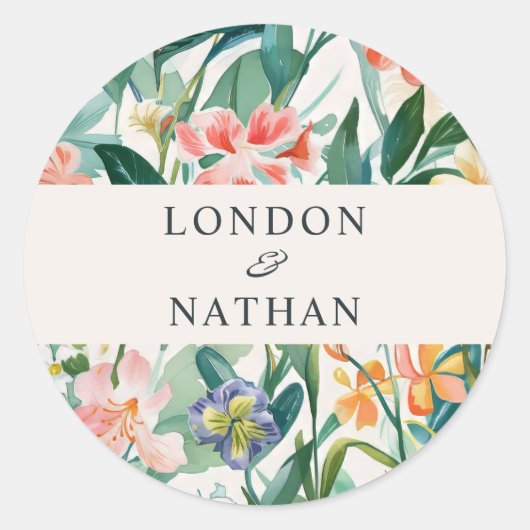 Kleurrijke bloeiende bloemenbruiloft ronde sticker (Voorkant)