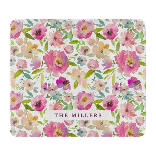 Kleurrijke Bloeiende Chic Mint Blush Bloemenmonogr Snijplank (Voorkant)