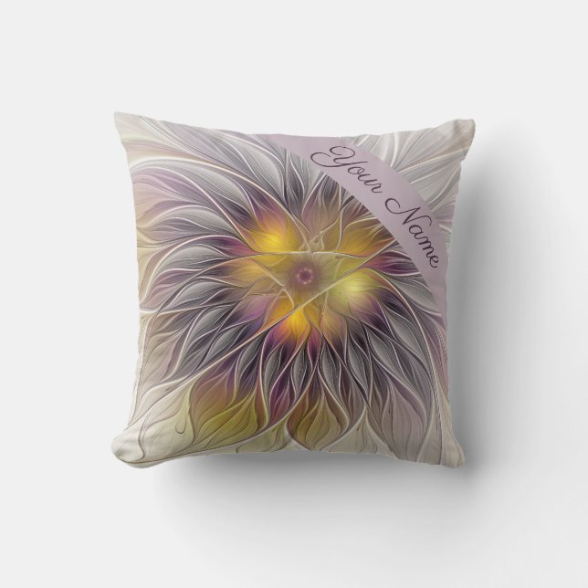 Kleurrijke Bloem, Abstracte Fractale Naam Kussen (Voorkant)