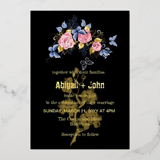 Kleurrijke Bloem gouden boom bruiloft Folie Uitnodiging (Voorkant)