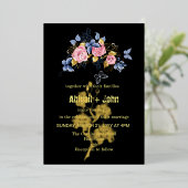 Kleurrijke Bloem gouden boom bruiloft Folie Uitnodiging (Staand Voorkant)