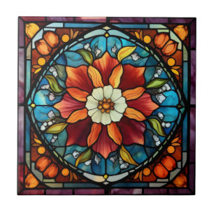 Kleurrijke Bloem in Glas in Lood Tegeltje