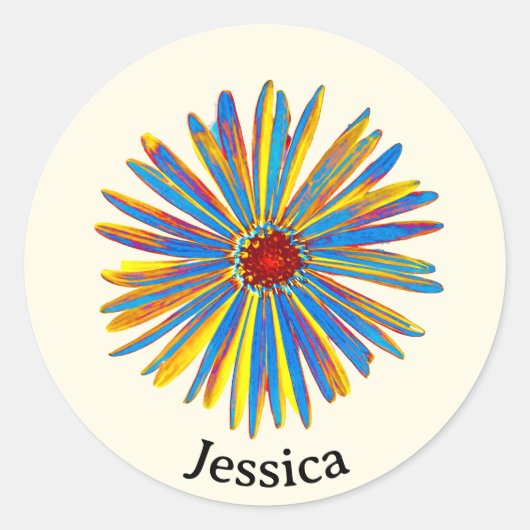 Kleurrijke Bloem  Moderne Kunst Aangepaste Naam Ronde Sticker (Voorkant)