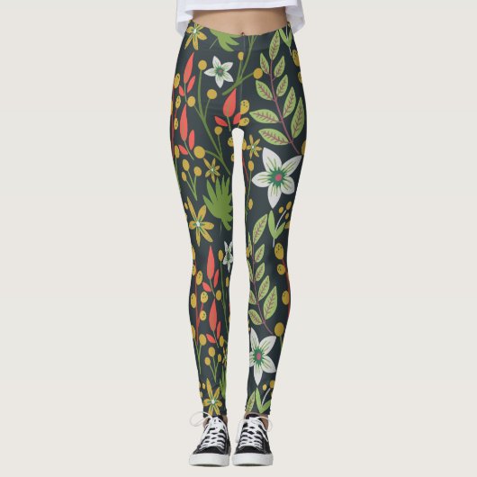 Kleurrijke bloem naadloze patroonbloemen en verlat leggings (Voorkant)