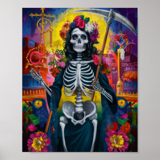 Kleurrijke Bloem Santa Muerte Poster